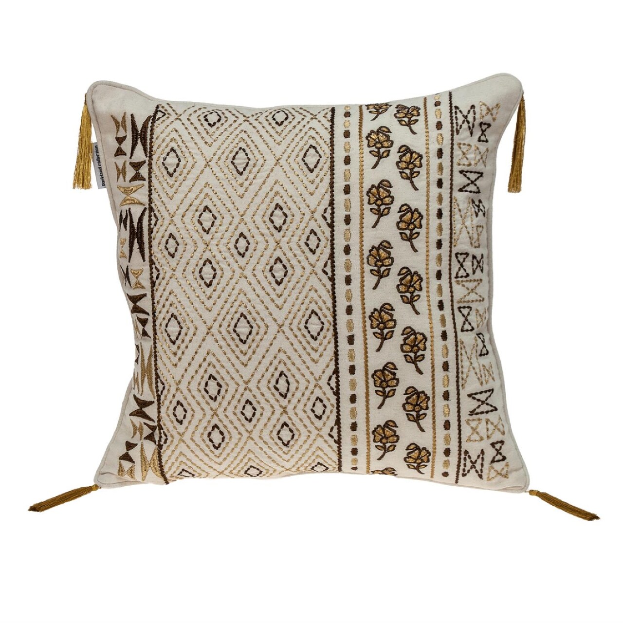 Nassau Collection 18" Beige and Gold Embroidered Floral Throw Pillow